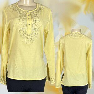 Guess S Yellow Embellished Crew Hook & Eye Neckline Cotton Long Sleeve Blouse